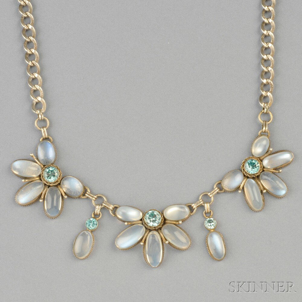 Appraisal: Silver Moonstone and Blue Zircon Necklace designed as three flowers