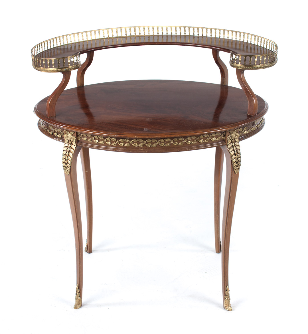 Appraisal: French mahogany oval servante kidney-shaped upper tier with brass gallery