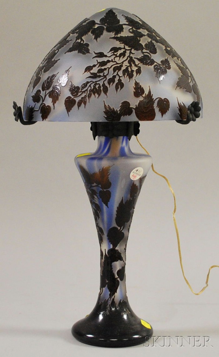 Appraisal: Reproduction Galle Cameo Glass Table Lamp mounted with wrought iron