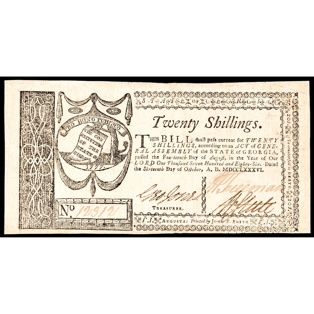 Appraisal: Colonial Currency Note Georgia October Twenty Shillings Very Fine Georgia