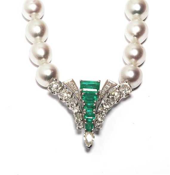 Appraisal: PEARL EMERALD AND DIAMOND NECKLACE White gold fastener Elegant necklace