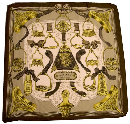 Appraisal: Hermes scarf brown border around cream center with motifs of