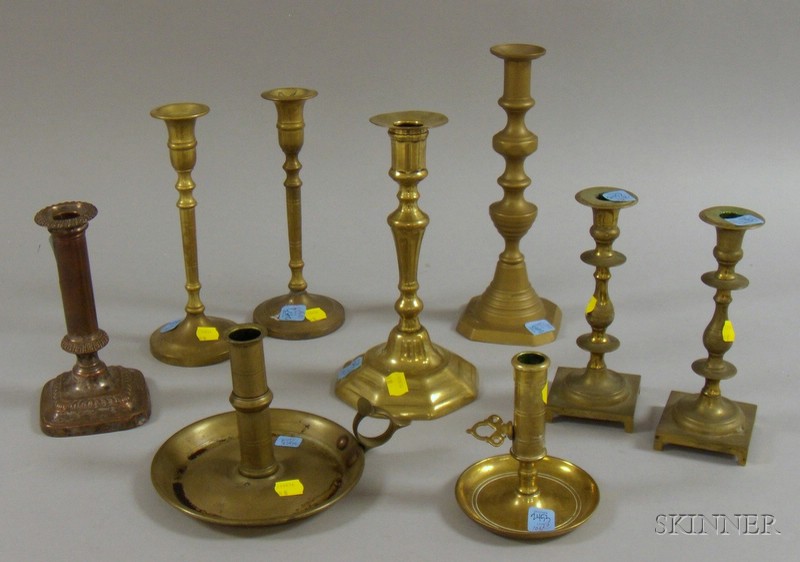 Appraisal: Nine Assorted Brass and Silver Plated Candlesticks including two pairs