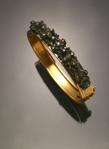 Appraisal: Victorian Tested -Karat Yellow-Gold Silver and Diamond Bangle Bracelet Last