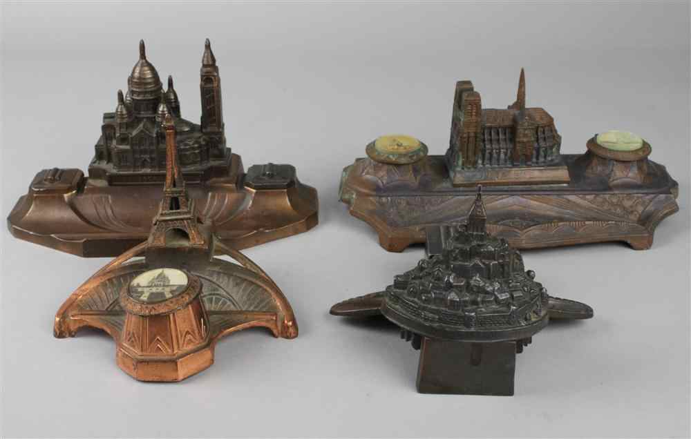 Appraisal: FOUR FRENCH METAL SOUVENIR INK STANDS including Mount St Michel