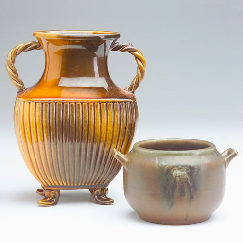 Appraisal: ROOKWOOD Two two-handled pieces Standard glaze Light ribbed four-footed urn