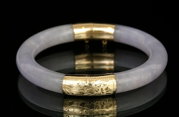 Appraisal: Lavender Jade Hinged Bangle Bracelet with Yellow Gold Fittings An