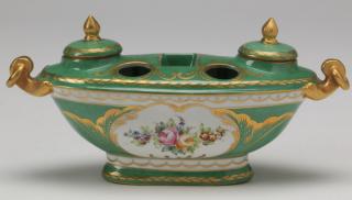 Appraisal: Hand painted French porcelain encrier with two lidded inkwells the