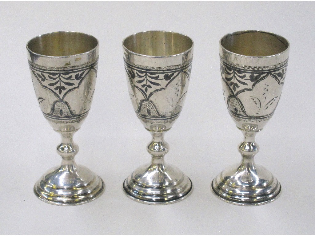 Appraisal: Set of three silver niello vodka cups probably Russian