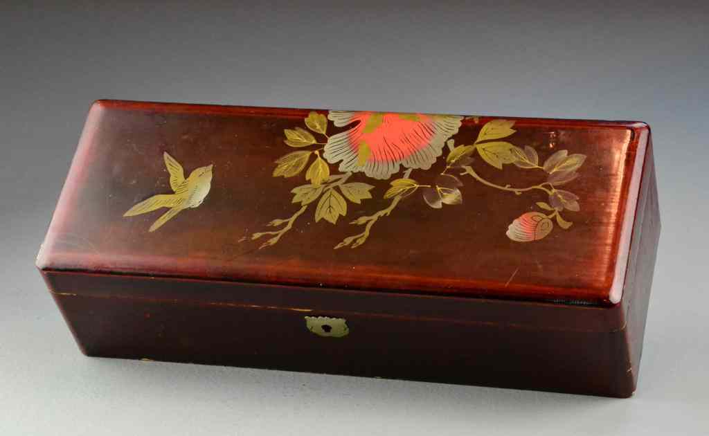 Appraisal: Japanese Lacquered BoxFinely painted to depict lotus blossom and bird