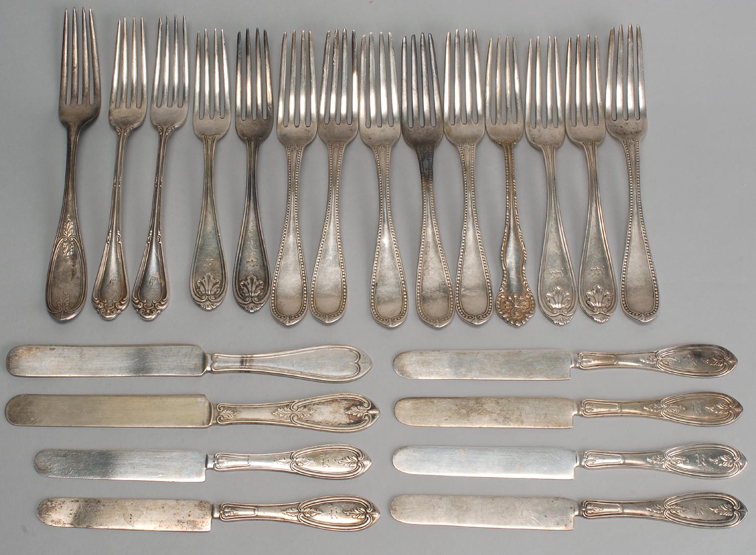 Appraisal: TWENTY-TWO ASSORTED SILVER AND SILVER PLATED FLATWARE ITEMS six American