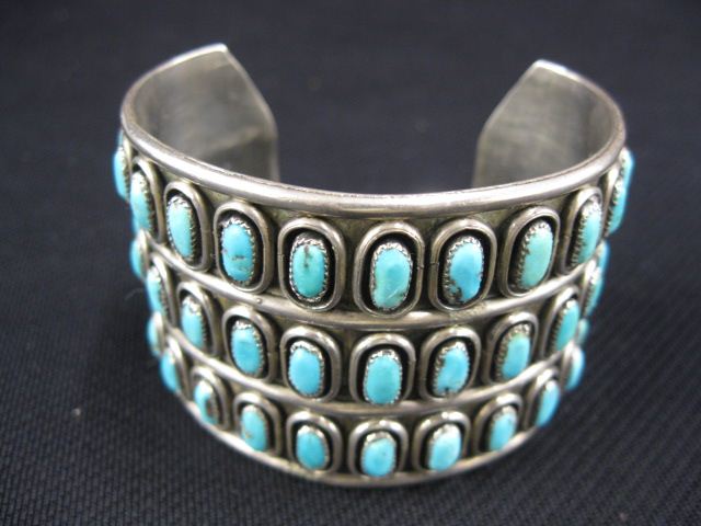 Appraisal: Indian Turquoise Sterling Bracelet triple row cuff style wide