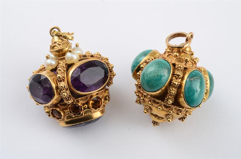 Appraisal: TWO ITALIAN K GOLD AND COLORED STONE CHARMS Etruscan-revival coronet