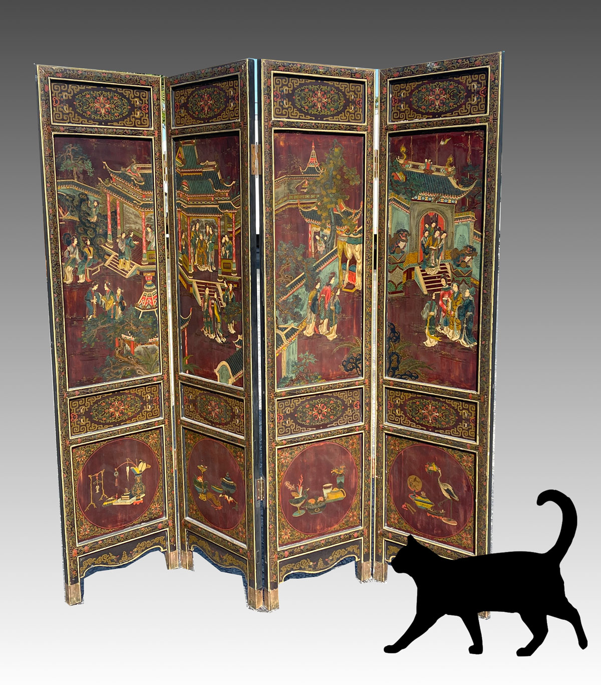 Appraisal: TH C GILT POLYCHROME FOUR PANEL CHINESE SCREEN Finely polychromed