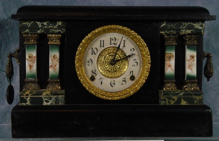 Appraisal: Black wood Ingraham mantle clock paper dial with embossed brass