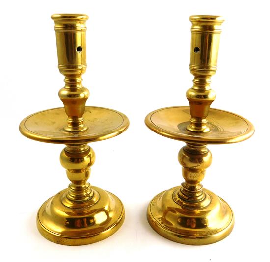 Appraisal: Pair of antique Dutch brass candlesticks with acorn standards round