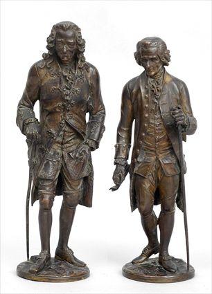 Appraisal: VOLTAIRE AND ROUSSEAU Bronze each modeled standing and holding a