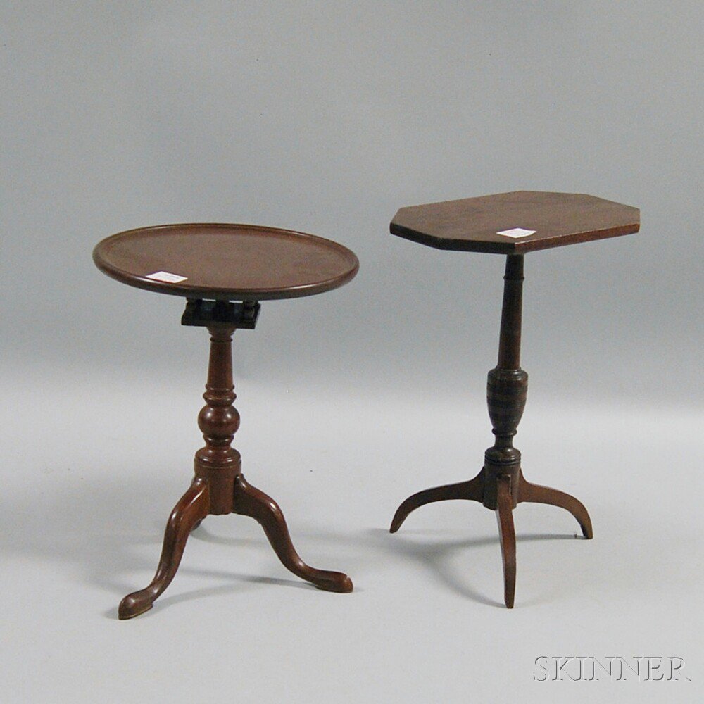 Appraisal: Two Miniature Tilt-top Candlestands a Queen Anne-style dish-top birdcage candlestand