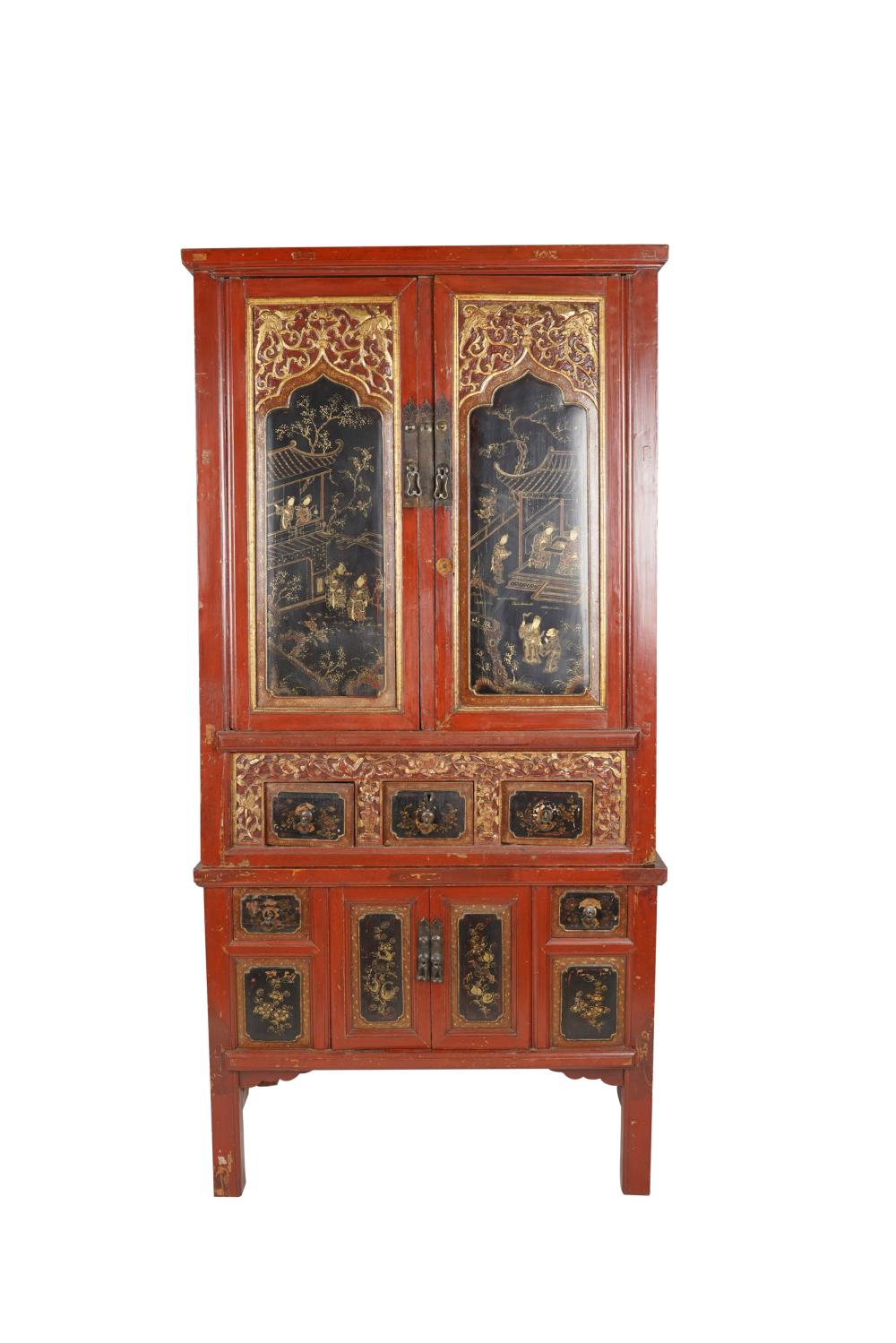 Appraisal: CHINESE PAINTED GILT LACQUERED CABINETIn two parts the interior of