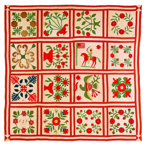 Appraisal: Vibrant appliqu album quilt dated with sixteen panels decorated with