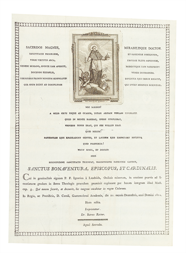 Appraisal: GUATEMALA Landaida Ignacio de Sacerdos Magnus Sanctitatis Prodigum Letterpress broadside