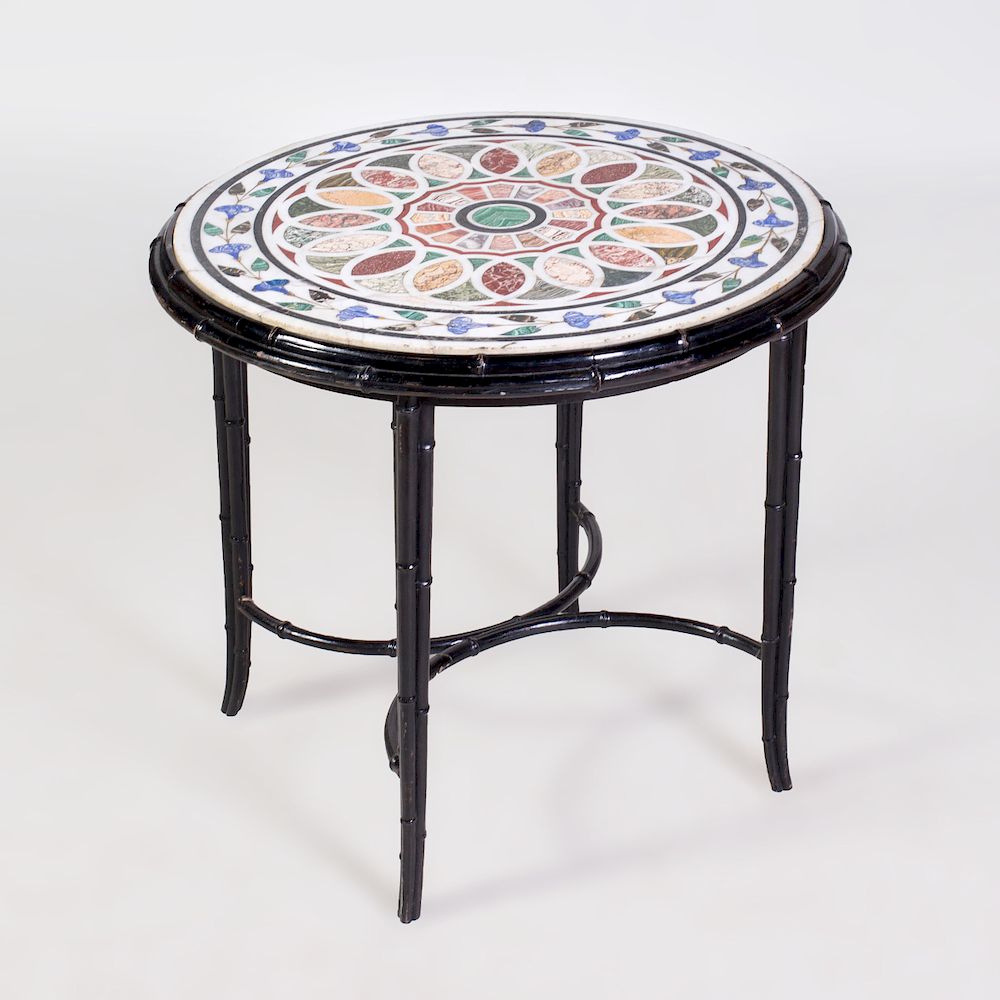 Appraisal: Italian Specimen Marble and Ebonized Table Raised on an ebonized