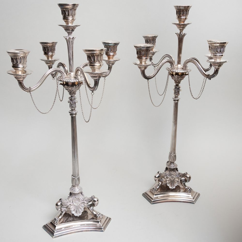 Appraisal: Pair of Elkington Silver Plate Five-Light Candelabra in high Condition