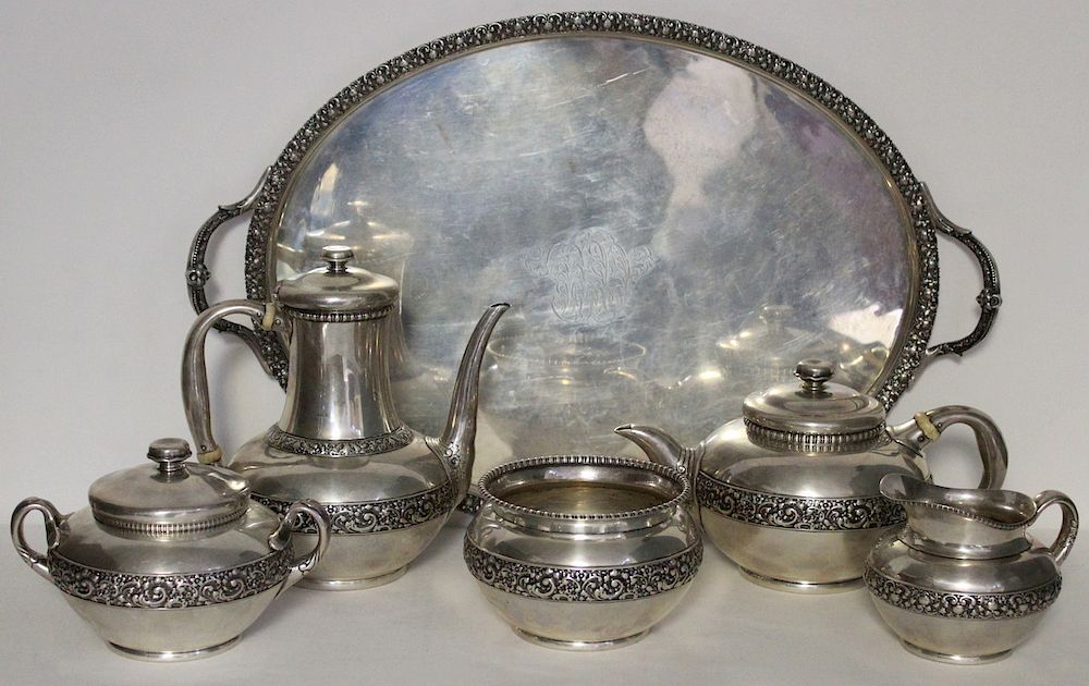 Appraisal: STERLING Pc Tiffany Co Tea Service with Tray Includes a