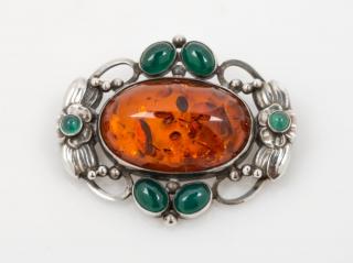 Appraisal: A Sterling Silver Amber and Dyed Green Chalcedony Brooch Georg