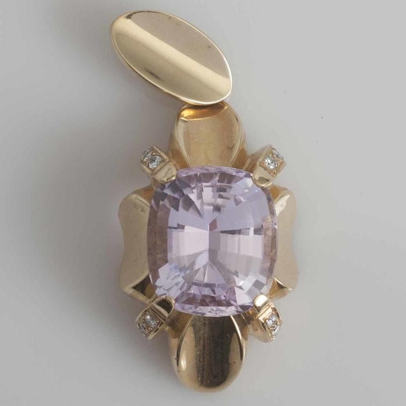 Appraisal: Large Kunzite Diamond k Pendant Large kunzite stone set in