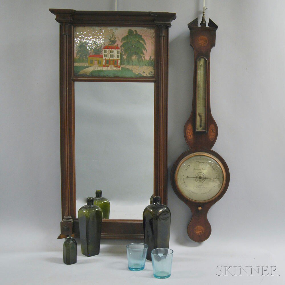 Appraisal: Mahogany Veneer Shell-inlaid Wheel Barometer Reverse-painted Mirror and Five Early