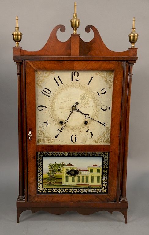 Appraisal: Olcott Cheney mahogany pillar and scroll clock with reverse painted