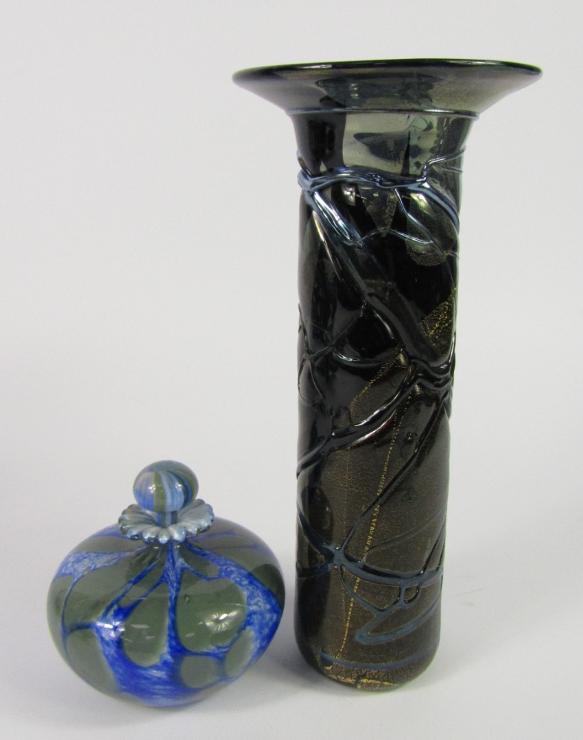 Appraisal: A Guernsey glass vase of cylindrical form with Azurene style