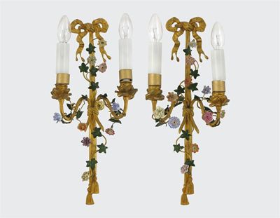 Appraisal: A pair of gilt brass and floral porcelain mounted two