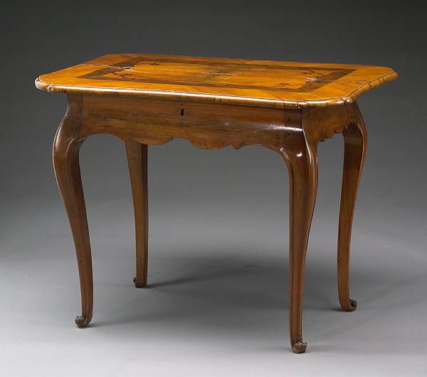 Appraisal: A German Rococo inlaid walnut sewing table mid th century