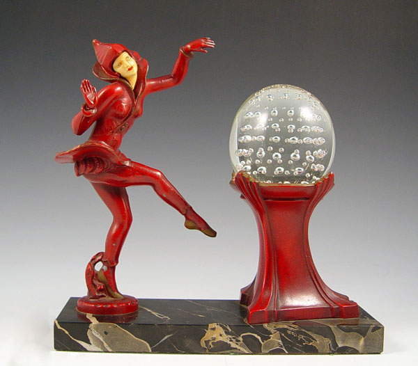 Appraisal: ART DECO FIGURAL HARLEQUIN LAMP Red dancing harlequin on black