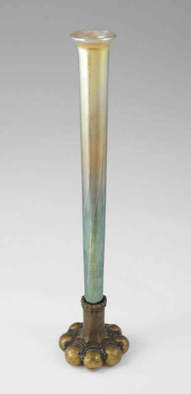 Appraisal: TIFFANY STUDIOS BUD VASE Iridescent glass bud vase in bronze