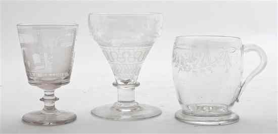 Appraisal: Three Continental Glass Articles th century each with etched decoration