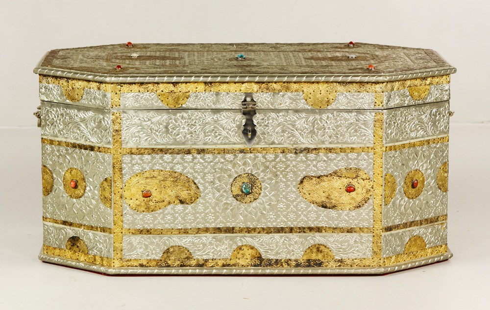 Appraisal: - Iranian Trunk Iranian trunk mixed metals embossed with hard