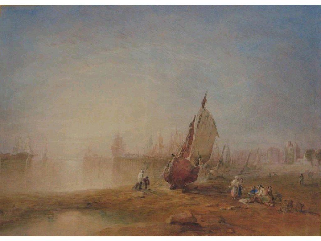 Appraisal: THOMAS GREY HART Beached fishing boats and fisherfolk at sunset