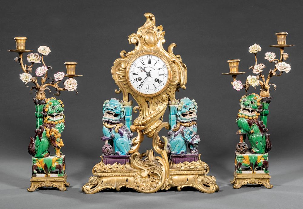 Appraisal: Good Napoleon III Bronze and Chinese Porcelain Three-Piece Clock Garniture