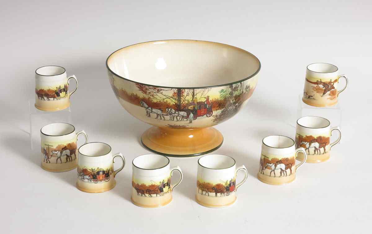 Appraisal: ROYAL DOULTON COACHING DAYS PEDESTAL BOWL MUGS Images of mail