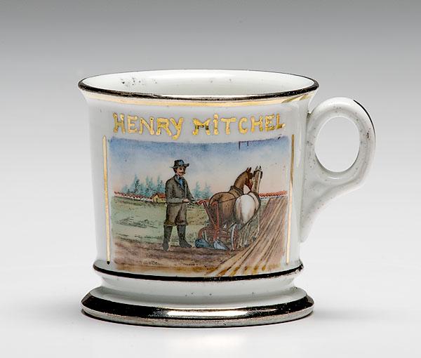 Appraisal: FARMER'S OCCUPATIONAL SHAVING MUG porcelain with polychrome painted scene of