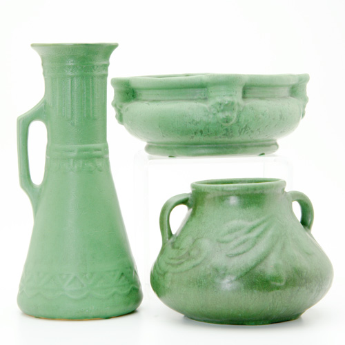 Appraisal: ROSEVILLE Three matt green pieces two Egypto one a pitcher