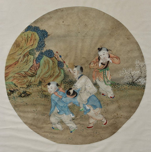 Appraisal: TH CENTURY CHINESE SCHOOLFour Manchu boys playing in a rocky