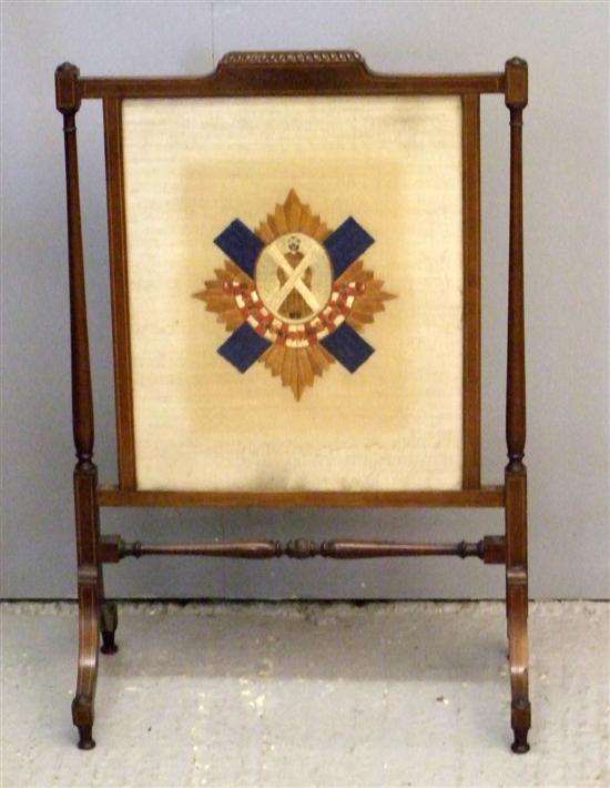 Appraisal: Mahogany and boxwood strung firescreen early th century embroidered with