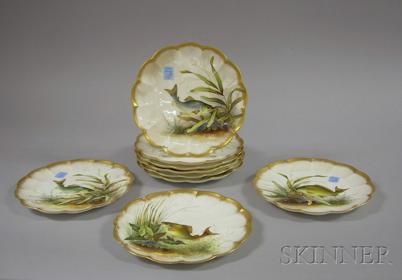 Appraisal: Set of Nine George Jones Gilt and Hand-painted Fish Decorated