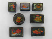 Appraisal: Seven modern Russian lacquer boxes six rectangular largest x cm