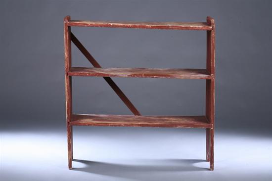 Appraisal: AMERICAN PRIMITIVE RED-STAINED BOOKSHELF th century as is Simple ruff-plank