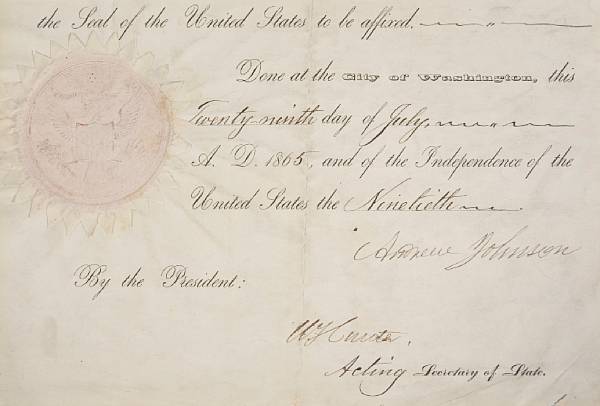 Appraisal: Americana Document Signed Andrew Johnson as President partially printed and